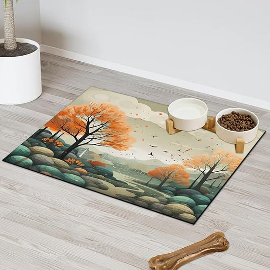 Fall Forest Dog Food Mat for Floors Absorbent, Quick Dry Water Dispenser Mat for Food, Water, Pet Supplies 24" x 32", Nature Tree Plant