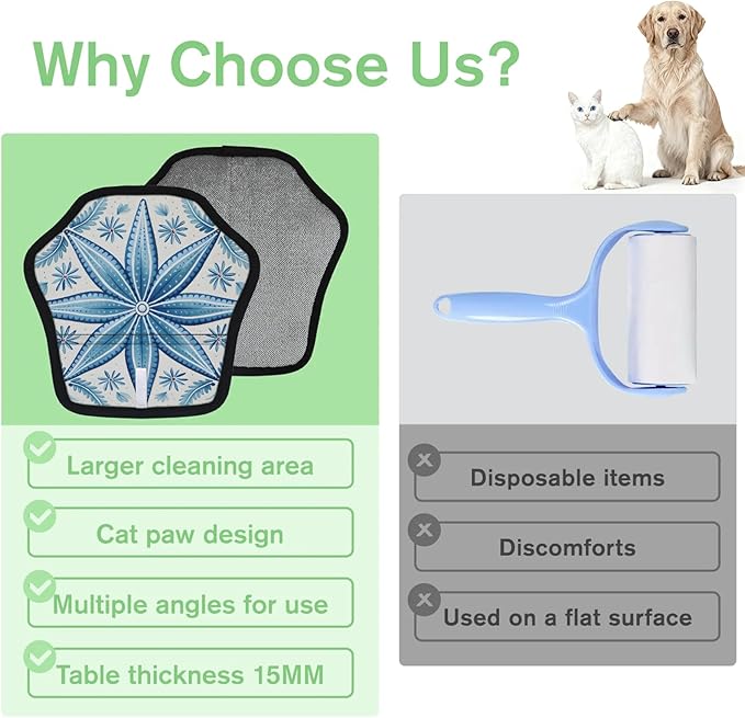 Reusable Pet Hair Removal Glove Blue Flowers Style Magic Brush for Cat & Dog Hair Remover for Car, Sofa, Bedding, Clothes - 9x9 Mitt Washable