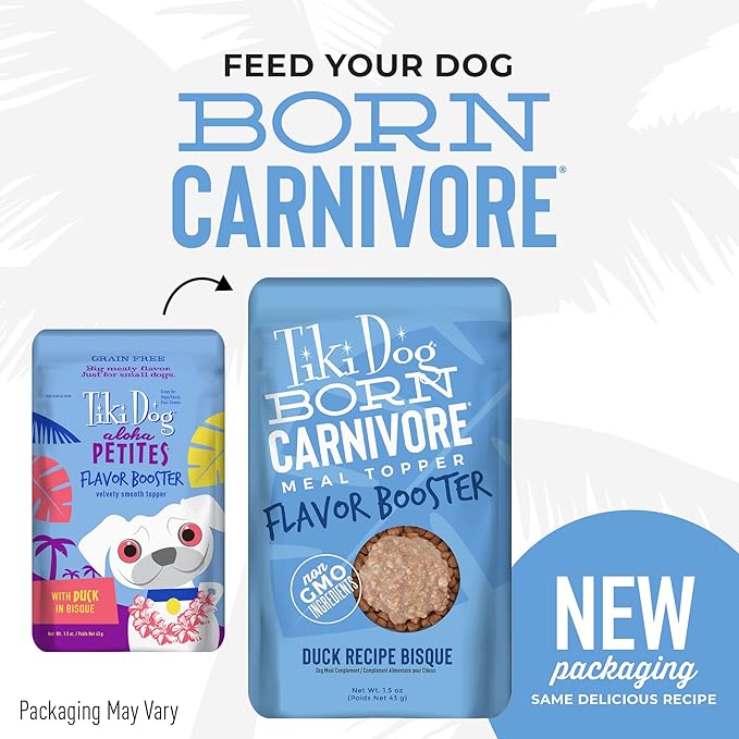 Tiki Dog Born Carnivore Flavor Booster, Duck Recipe Bisque, Grain Free Meat Based Treat, Meal Topper for All Dog Breeds and All Life Stages, 1.5 oz. 12 Count