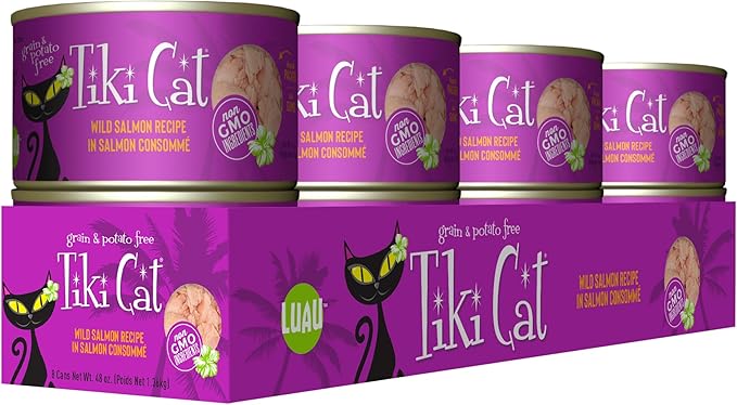 Tiki Cat Luau Shredded Meat, Wild Salmon Recipe in Salmon Consumme, Grain-Free Balanced Nutrition Wet Canned Cat Food, For All Life Stages, 6 oz. Can (8 Count)