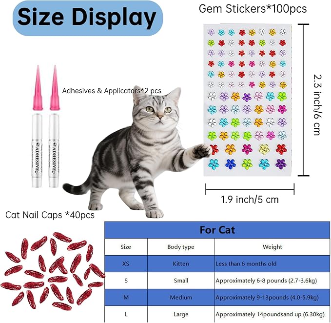 100 pcs Pet Hair Grooming Accessories Gem Stickers with Pet Self Adhesive Gems Rhinestones & 40 pcs Cat Nail Caps, Cat Claw Covers with Adhesives and Applicators for Birthday Party