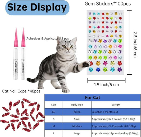 100 pcs Pet Hair Grooming Accessories Gem Stickers with Pet Self Adhesive Gems Rhinestones & 40 pcs Cat Nail Caps, Cat Claw Covers with Adhesives and Applicators for Birthday Party