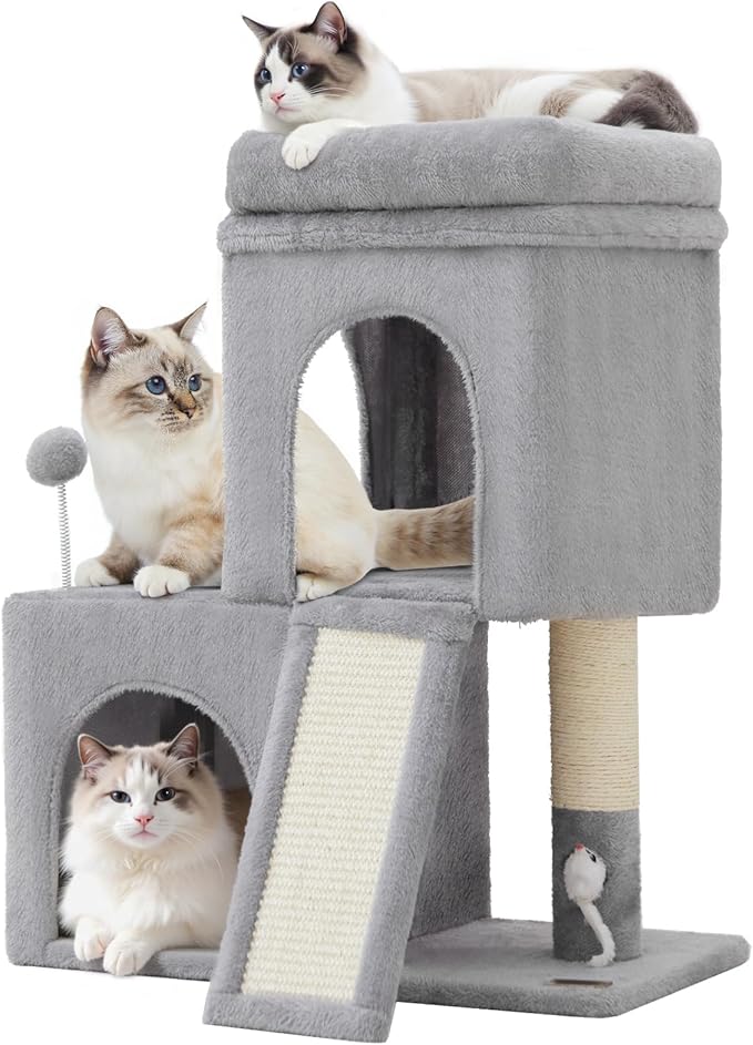 24inch Tall Cat Tree with 2 Cat Condo and Mouse Toy Cozy Small Cat Tower with Scratching Post and Board for Kitties and Small Cats.（Light Grey） (22 * 13 * 28)