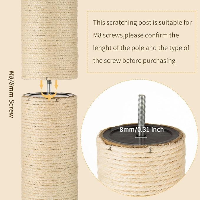 2 Root Cat Scratching Post Replacement 15.75x3.54 Cat Tree Scratch Post Replacement Natural Sisal Pole Cat Scratch Post Refill Pole Part with M8 Screws for Kitten Tree Tower Cat Furniture Accessories