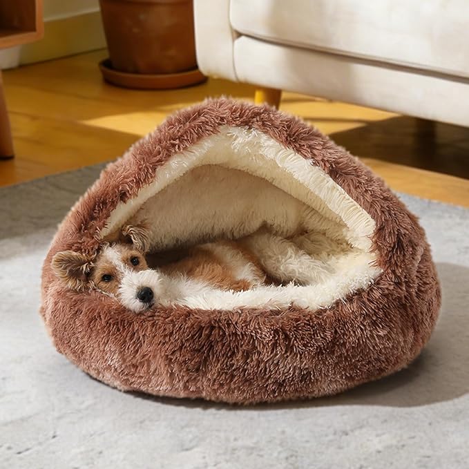 NOYAL Round Hooded Donut Dog Bed for Small & Medium Pets - Plush Fluffy Anti-Anxiety Cat Cave Bed with Cover