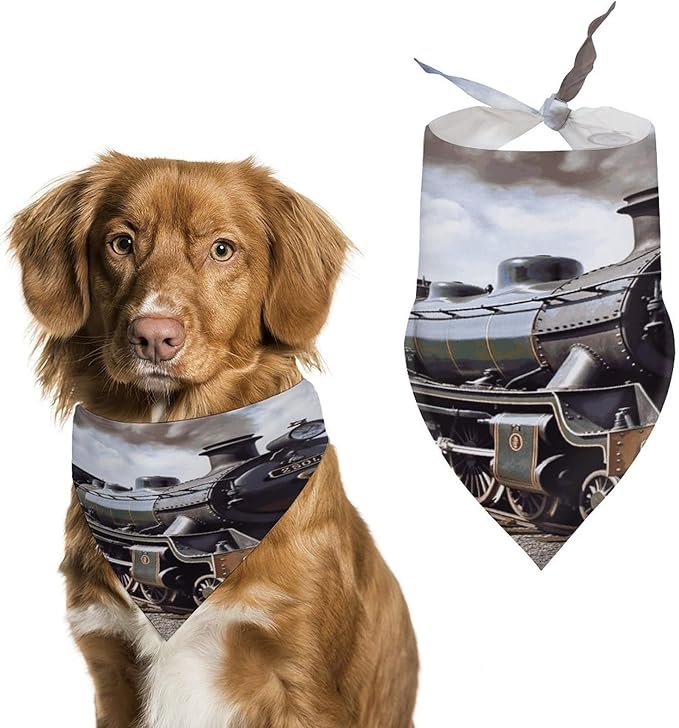 Dog Bandana Spring Pet Scarf Adjustable Triangle Steam Locomotive Train Printing Dog Bib Washable Polyester Puppy Bandana for Small Medium Large Dogs Cat Birthday Party Supplies