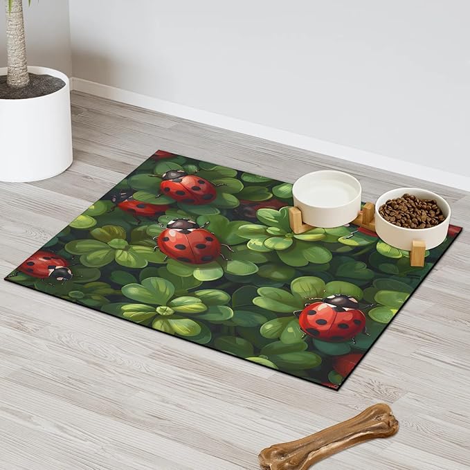 Red Ladybird Dog Food Mat for Floors Absorbent, Quick Dry Water Dispenser Mat for Food, Water, Pet Supplies 17" x 30", Green Leaf