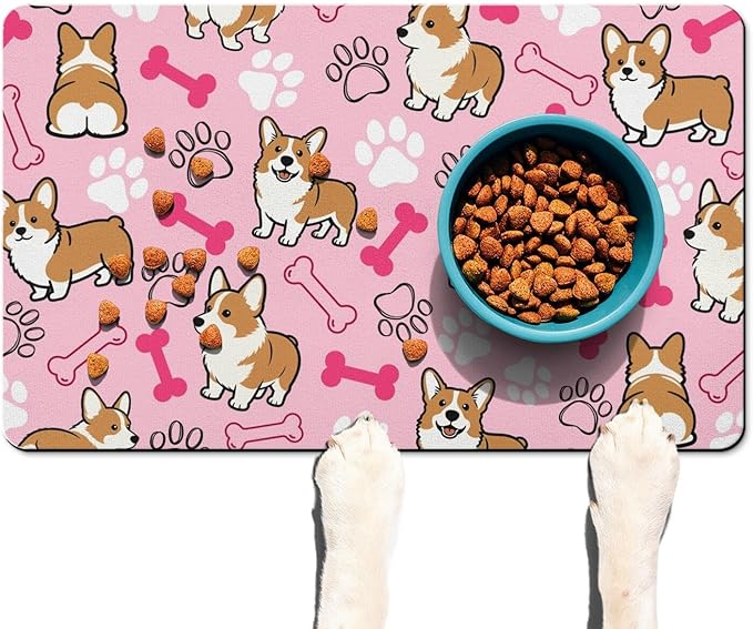 Absorbent Dog Food Mat with Cute Corgi Pattern, Non-Slip, Quick Dry, No Stains, Pet Feeding Placemat for Food and Water (Pink, 12" x 20")