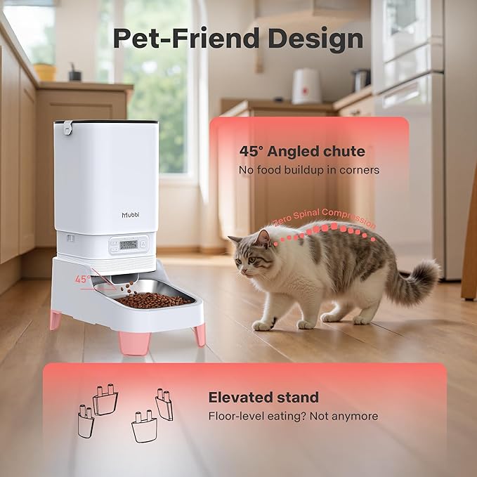 Automatic Cat Feeder, Elevated Automatic Dog Feeder, 7L Cat Food Dispenser, No-Jam, Up to 6 Meals for 2-15 mm Dry Food, Stainless Steel Bowl, No Spinal Pressure, Easy to Clean
