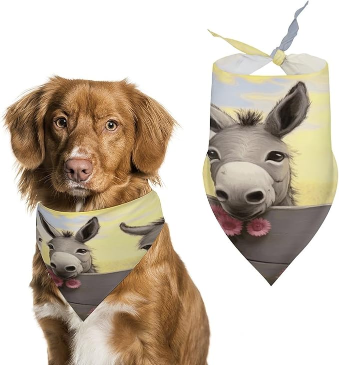 Dog Bandana Spring Pet Scarf Adjustable Triangle Donkey and Flower Printing Dog Bib Washable Polyester Puppy Bandana for Small Medium Large Dogs Cat Birthday Party Supplies