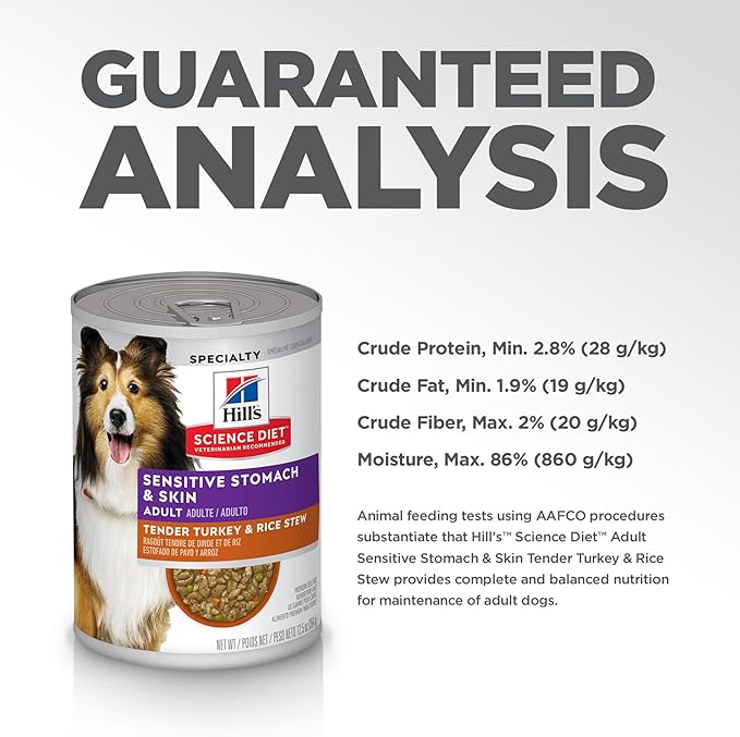Hill's Science Diet Sensitive Stomach & Skin, Adult 1-6, Stomach & Skin Sensitivity support, Wet Dog Food, Turkey & Rice Stew, 12.5 oz Can, Case of 12