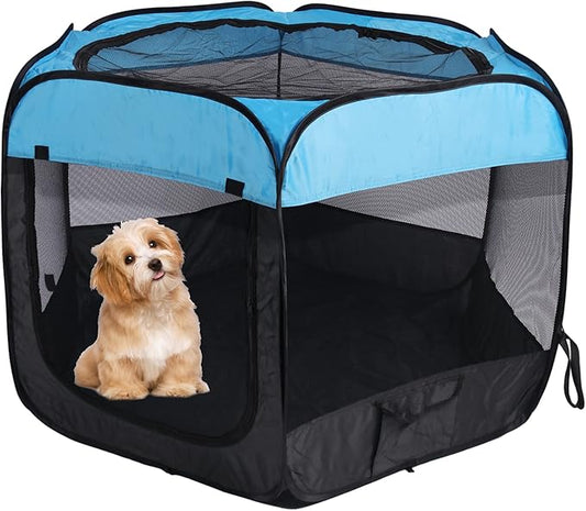Portable Dog Playpen Cat Tent,Pop Up Playpen for Small Middle Dogs Cats Pet Tent Playground,Indoor Outdoor,37x37x24,Blue/Black,1Pack