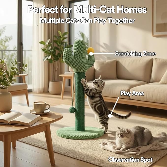 ZEZE Desert Cactus Woven Rope Cat Scratcher – 25-in Sisal Climbing Post with Plush Base, Durable Cat Furniture for Scratching, Stretching & Play
