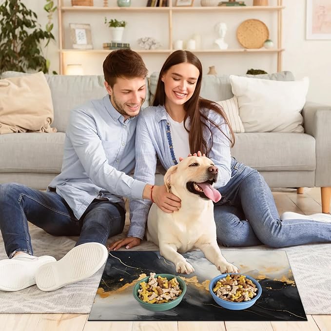 Marble Dog Food Mat for Floors Absorbent, Quick Dry Water Dispenser Mat for Food, Water, Pet Supplies 17" x 30", Gold Black Marble