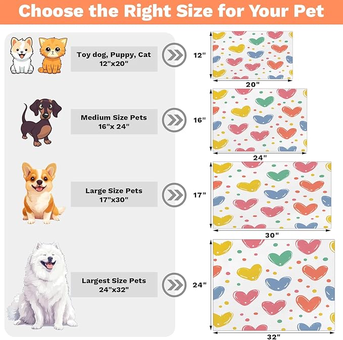 Love Heart Dog Food Mat for Floors Absorbent, Quick Dry Water Dispenser Mat for Food, Water, Pet Supplies 24" x 32", Colorful Polka Dots