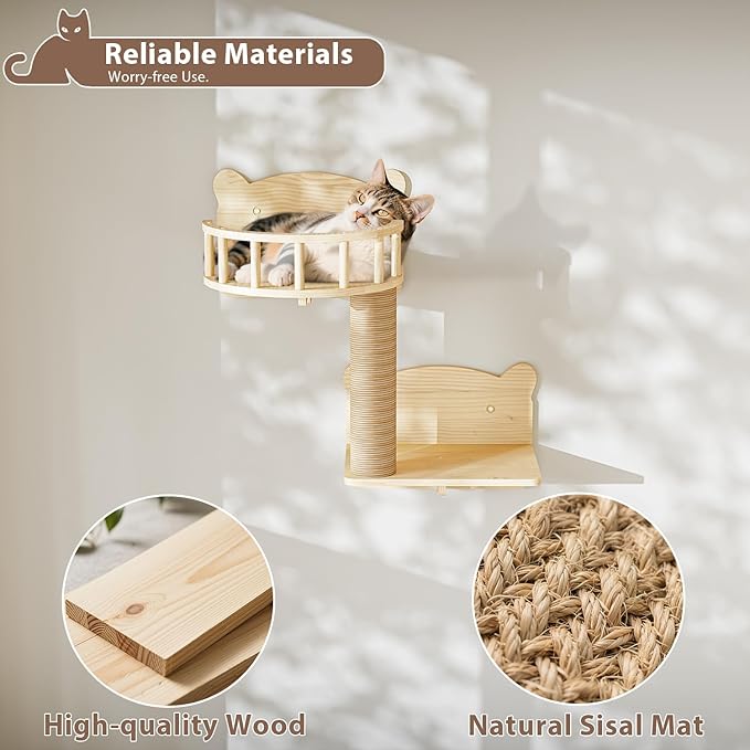 LEMBERI Cat Wall Shelves, Wooden Feline Furniture, 9 Pcs Set Wall Mounted Cat Shelves with Bed, House, Steps, Bridge Ladder and Scratching Post for Indoor Climbing, Sleeping, Playing
