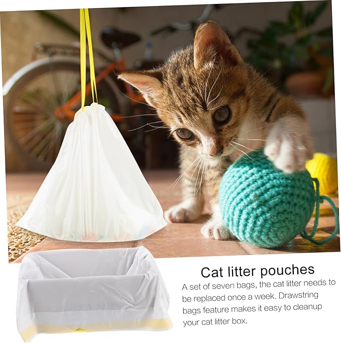 7Pcs Durable Cat Litter Box Liners Leak Cat Litter Bags with Drawstring Handles for Easy Disposal and Automatic Closing Design