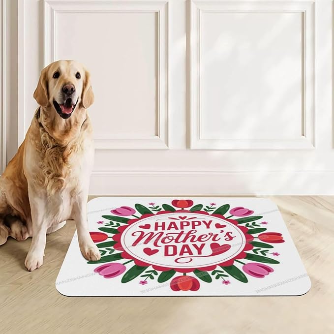 Dog Food Mat for Floors Absorbent Quick Drying Happy Mother's Day Floral Gift for Mom Tulip Er Pet Cat Food Mat Easy-to-Clean Pet Feeding Mats Dog Bowl Mats 18X12In