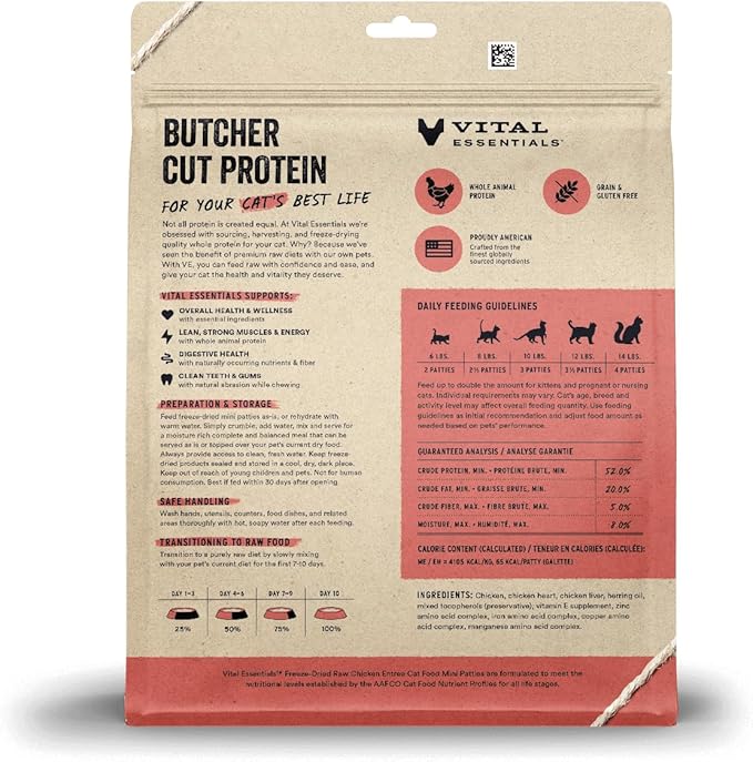 Vital Essentials Freeze Dried Cat Food, Raw Chicken Mini Patties | Complete Meal or Topper | Easy to Portion and Rehydrate | High Protein, Grain Free Dry Cat Food | 15 oz Bag