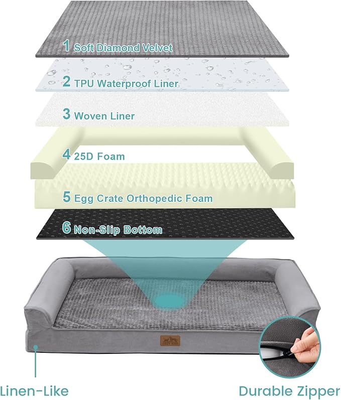 Orthopedic Dog Beds for Large Sized Dog, XL Bolster Pet Couch with Waterproof Lining, Egg Crate Foam Sofa for Pets Up to 100 lbs, U-Shaped, 42x30x7.5 inch, Grey