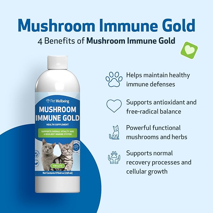 Pet Wellbeing Mushroom Immune Gold for Cats - Complementary Immune Support with Functional Mushrooms Reishi, Maitake & Turkey Tail - NASC Certified & Vet-Formulated - 8 oz Liquid Formula
