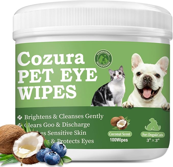 Dog Eye Wipes Tear Stain Remover for Dogs & Cats, Gentle Pet Eye Cleaner Pads to Remove Discharge, Crust & Boogers, Natural Grooming Supplies for Puppy, Kitten - 100ct, Coconut Scent