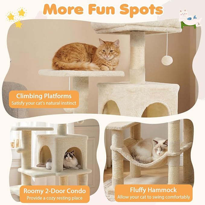 Tangkula Cat Tree Tower, 44 Inch Multi-Level Cat Tower with Sisal Scratching Posts, 2-Door Condo, Padded Top Perch & Hammock, 2 Hanging Balls, Jumping Platforms for Indoor Cats (Beige)
