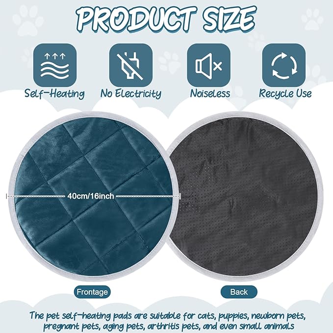 2 Pcs Self Warming Cat Mat Round Self Heating Pad Bed Reversible Machine Washable Heated Bed Anti Slip Warming Pad Pet Mat for Cat Crate Indoor Outdoor(Blue,16 Inch)