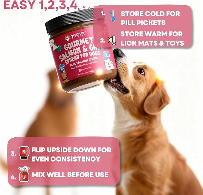 Visionary Pet Foods Salmon and Ghee Meat Spread, Dog Safe - Natural Peanut Butter Alternative - Digestive Support, No Additives - Meal Topper or Lick Mat Treat - 12oz Jar
