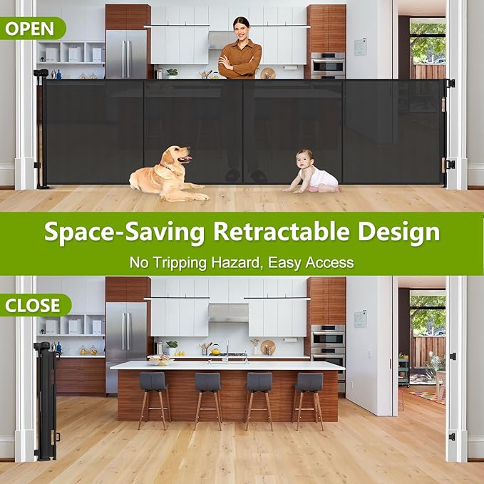Reinforced 42" Tall x 195" Extra Long Baby Gates for Large Openings, Tall Retractable Baby Gates Extra Wide Dog Gate with Support Rods - Prevent Crawling Under, Indoor/Outdoor Retractable Fence, Black