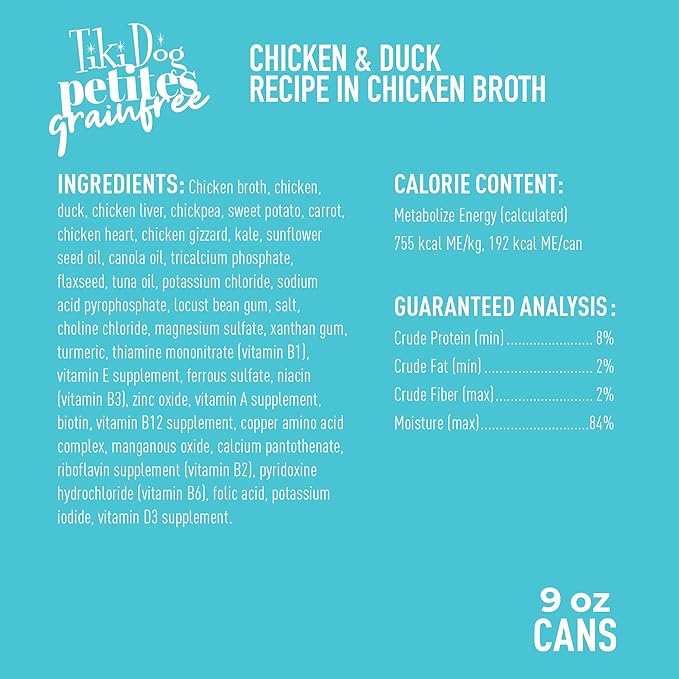 Tiki Dog Petites Grain Free Wet Dog Food, Chicken & Duck, Nutrient Dense Meat, for All Ages and Breeds, 9 oz. Can (8 Count)
