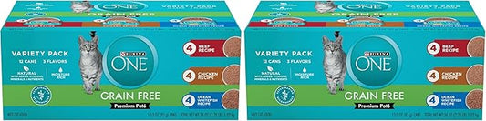 Purina ONE Grain Free,Natural Pate Wet Cat Food Variety Pack,Beef,Chicken and Ocean Whitefish Recipes - 3 oz. Pull-Top Cans,(Pack of 48)