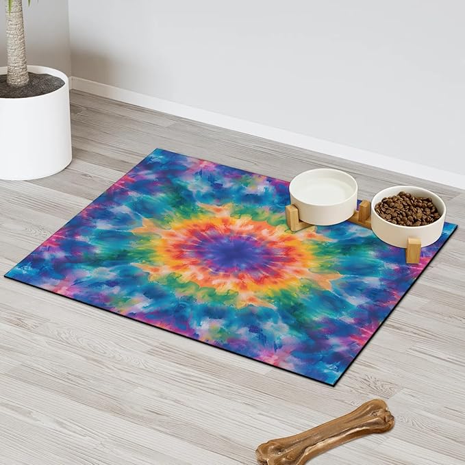 Tie Dye Dog Food Mat for Floors Absorbent, Quick Dry Water Dispenser Mat for Food, Water, Pet Supplies 24" x 32", Watercolor Mandala