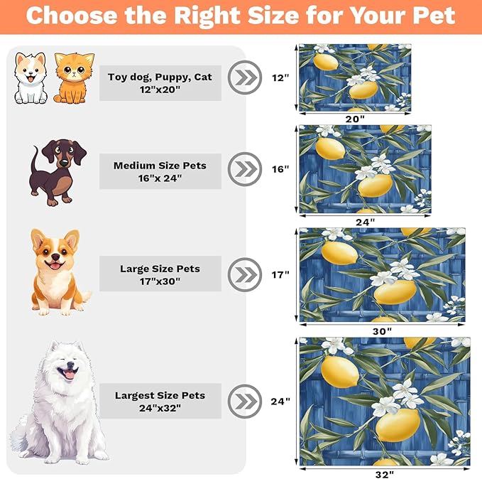 Lemon Dog Food Mat for Floors Absorbent Dog Bowl Mat for Food and Water Dispenser Quick Dry Cat Food Placemat Pet Supplies 24" x 32", Leaves Flower
