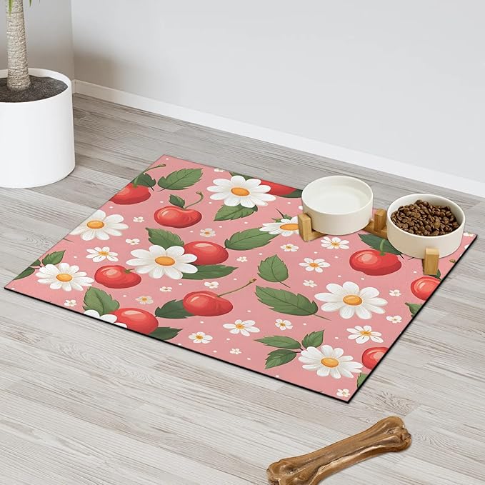Red Cherry Dog Food Mat for Floors Absorbent Dog Bowl Mat for Food and Water Dispenser Quick Dry Cat Food Placemat Pet Supplies 16" x 24", Daisy Flowers