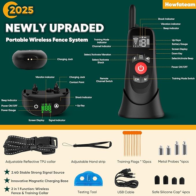 Wireless Dog Fence Collar, Electric Dog Fence & Remote Training Collar, Magnetic Charging Base, Portable Outdoor Wireless for Yards, Adjustable for Small Medium Large Dogs