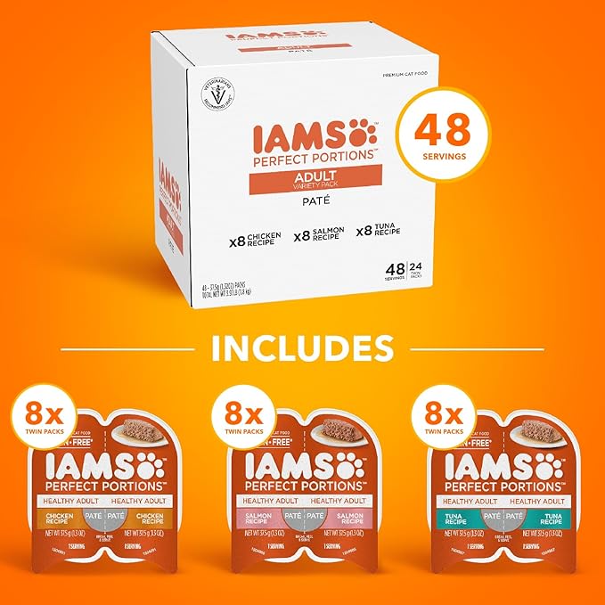 IAMS Perfect Portions Adult Wet Cat Food Pate, Chicken, Salmon, and Tuna Recipe Variety Pack, 2.6 oz. Easy Peel Twin-Package Trays (, 48 Servings), 24 Count (Pack of 2)