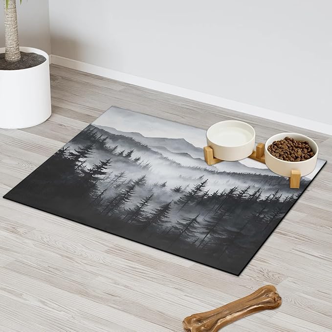 Misty Forest Dog Food Mat for Floors Absorbent, Quick Dry Water Dispenser Mat for Food, Water, Pet Supplies 12" x 20", Nature Woodland