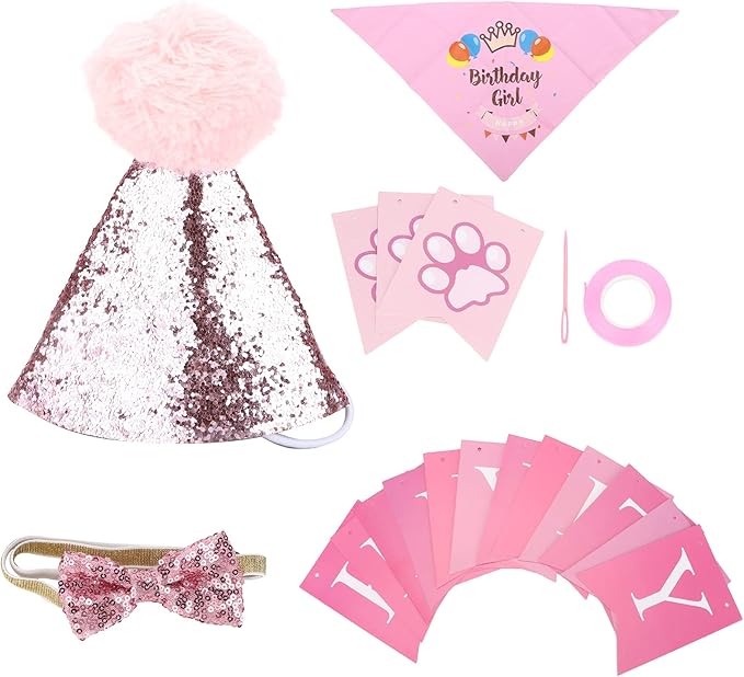Adjustable Dog Birthday Scarf Hat Set, Pet Birthday Party Supplies, Soft Cotton Polyester Bandana with Bow Tie and Banner Cards for Puppy Photo Shoots and Celebrations