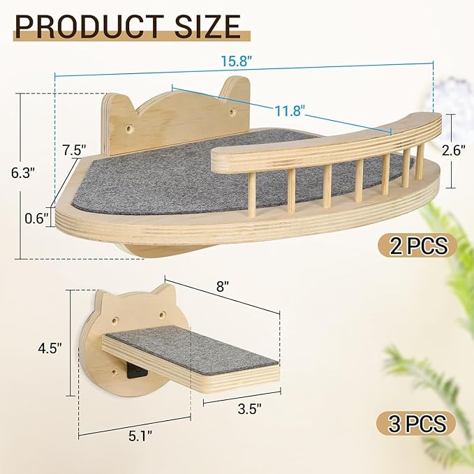 Cat Wall Shelves Furniture Set with Scratching Pad，Wooden Cat Climbing Wall Systems with 2 Perches and 3 Steps, Floating Shelves Bed Wall Mounted for Indoor Fit Up to 15Lbs (Burlywood)