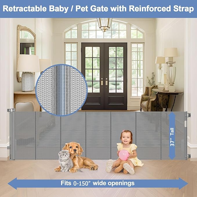 Reinforced 150 Inch Wide Retractable Baby Gates Extra Wide, 37 Inch Tall Outdoor Retractable Gate for Dogs, 12.5ft Long Baby Gates Indoor with Reinforced Strips, Extra Long Pet Gate Outdoor, Gray