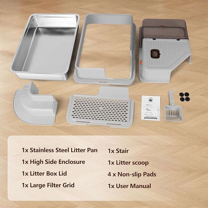 XXXL Stainless Steel Litter Box, 28"x20"x18" Extra Large Fully Enclosed High Sided Metal Cat Litter Box with Filtered Grid, Step, Scoop, Non-Sticky, Non-Odor, Easy Cleaning (Light Gray)