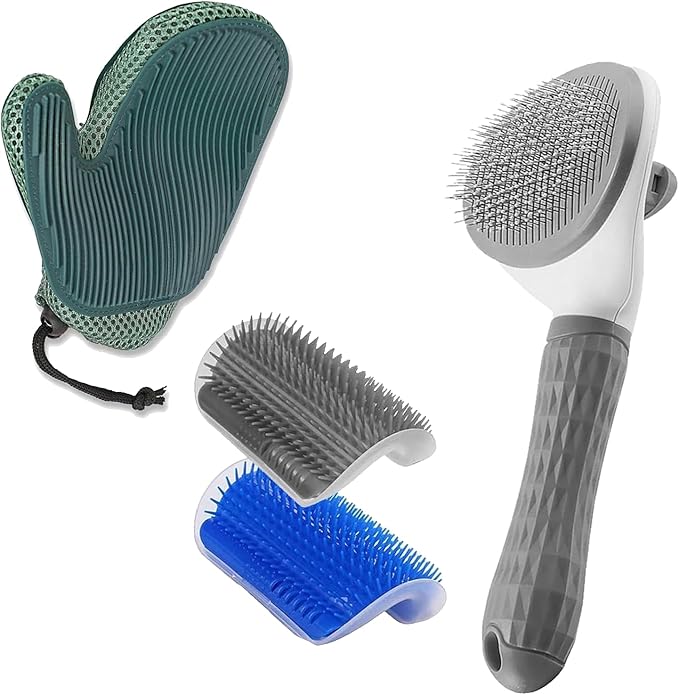 4-Piece Cat Grooming Set: Self-Cleaning Slicker Brush, Brush Glove, and 2 Wall Scratchers for Shedding, Detangling, and Relaxing Care for Cats with All Fur Types.