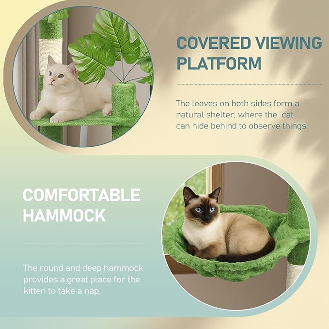 48in Plush Cat Tree with Leaves, Multi-Level Cat Tower with Scratching Post, Cozy Condo & Padded Perch, Dangling Ball for Kittens and Indoor Cats, Compact Cat Furniture for Small Spaces, Green