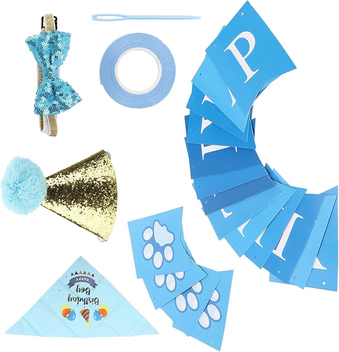 Dog Birthday Party Supplies Set with Hat Scarf Bow Tie, Reusable Pet Birthday Decorations for Small to Medium Dogs, Includes Streamers Ribbon and Pin for Photo Shoots