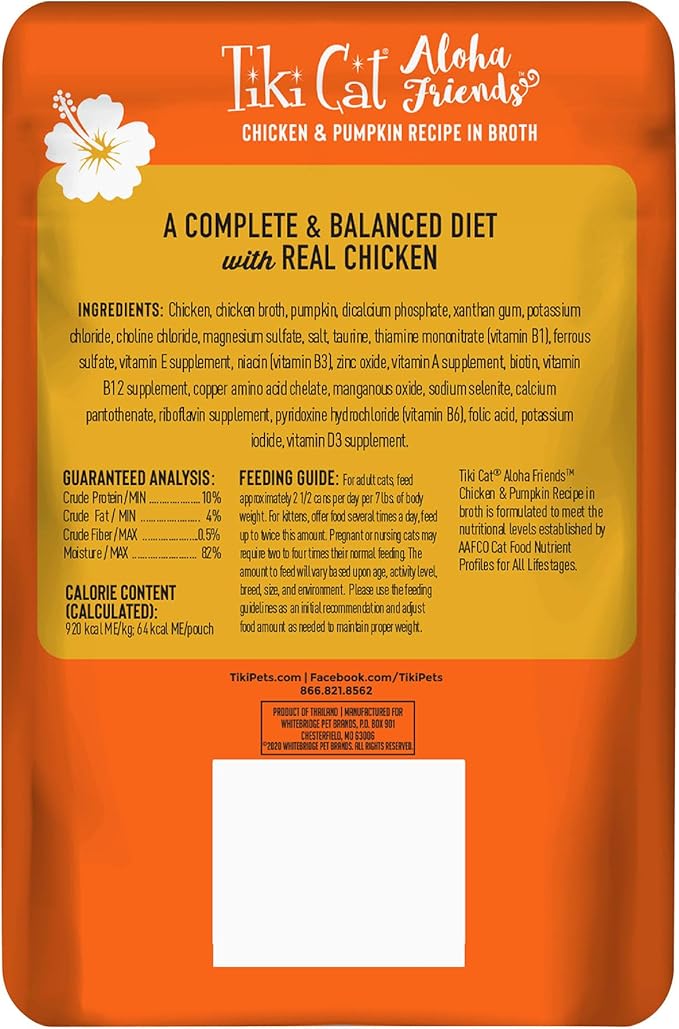 Tiki Cat Aloha Friends, Chicken & Pumpkin, Grain-Free & High Moisture, Wet Cat Food for All Life Stages 2.5 oz. Pouch (12 Count)