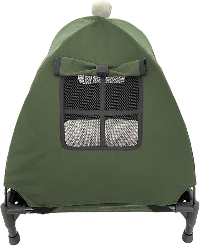 Pozico Elevated Pet Bed with Breathable Mesh for Small Cat and Dog, Raised Cooling Pet Cot for Puppy and Kitty, 18.9x18.9 inch (Olive Green Bed with Canopy)