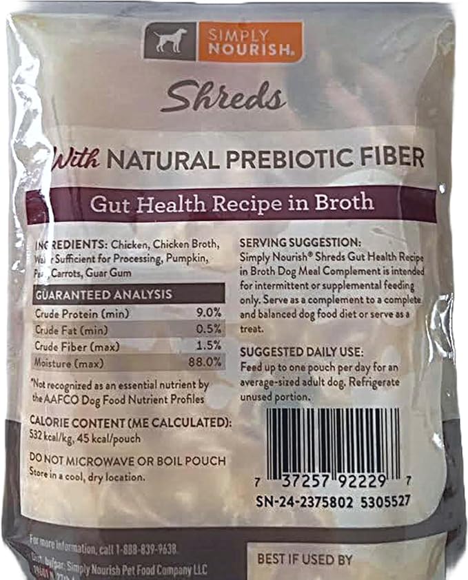SIMPLY NOURISH Shreds Meal Toppers Pack of 4-3 Ounce Pouches. Plus Biggs Dog Waster Roll. (Gut w/Chicken & Pumpkin)