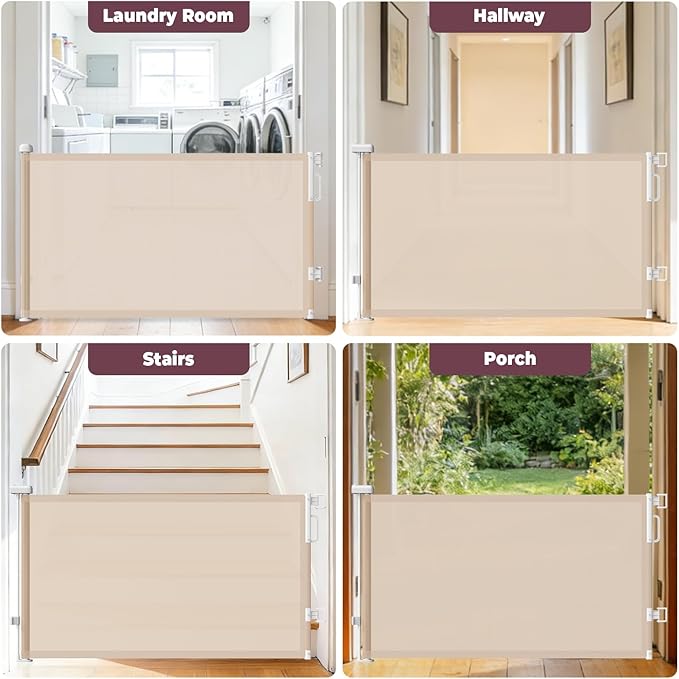 2Pack Retractable Baby Gates for Stairs, 58" Extra Wide Mesh Dog Gate for Doorways, Home Saftey Gate for Child Toddler Pet, Indoor and Outdoor Use, Easy Install, 34" Height, Beige