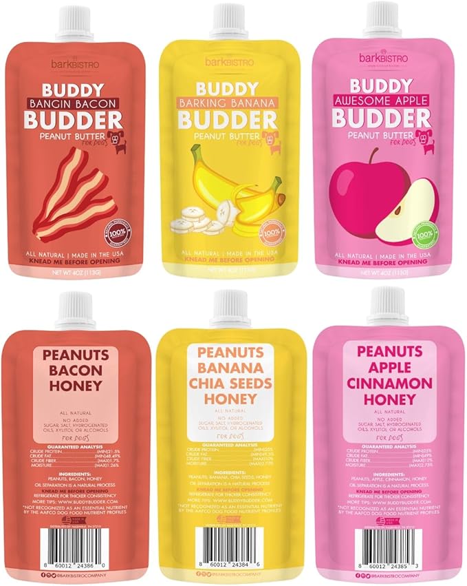 BUDDY BUDDER 6 Pack Mixed Flavor Squeeze Packs, 100% Natural Dog Peanut Butter, Healthy Peanut Butter Dog Treats, Made in USA, (4oz Packs)